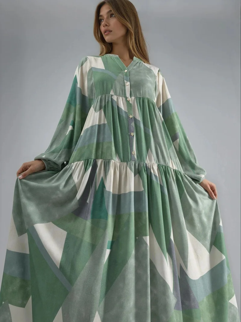 HICCUP Sage Green Printed Long Sleeve Viscose Maxi Dress for Women | Best Price UAE